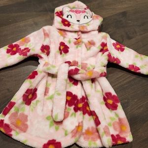 Infant floral plush fox hooded robe with belt. 0-9 months.
